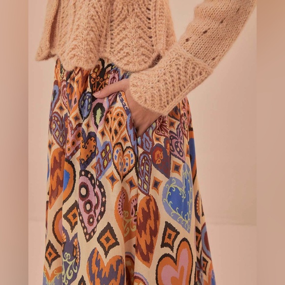 NWT Farm Rio Cream Hearts Ikat Midi Skirt - Picture 2 of 7